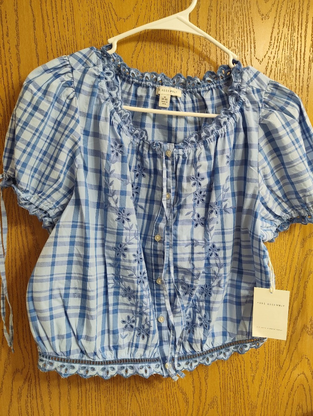 Free Assembly Blue Plaid Embroidered Peasant Top